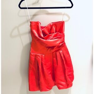 Vintage Cindy USA Orange Strapless Ruched Pleated‎ Bubble Hem Mini Dress Size S